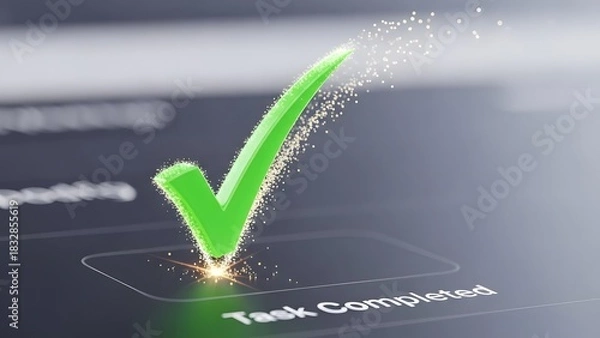 Fototapeta Green check mark with sparkling particles on a dark task completed screen