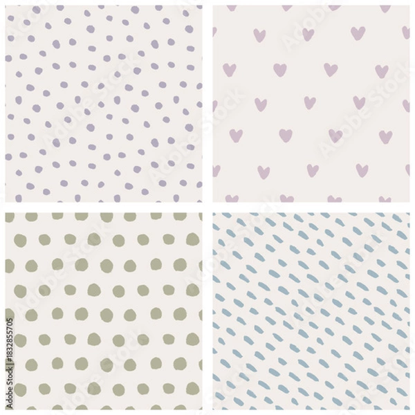 Fototapeta Seamless polka dot, mottled and hearts patterns collection. Vintage childish abstract background with white and purple blue pink green soft colors. Hand-drawn brush strokes textures.