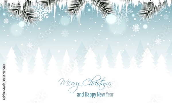 Fototapeta Winter landscape vector banner with branches, icicles, snowfall, snowflakes and snowy forest. Merry Christmas and Happy New Year greeting card.