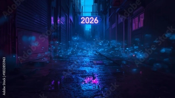 Fototapeta Futuristic neon 2026 sign glowing against a moody cyberpunk alley, reflective wet pavement, bokeh lights.