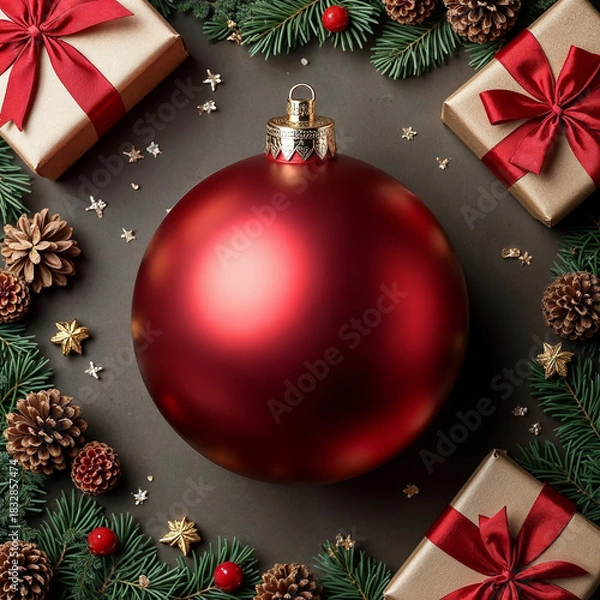 Obraz Festive Red Christmas Ornament with Wrapped Gifts and Pinecones on Gray Table