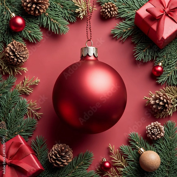 Obraz Red Christmas Ornament and Pine Branches with Gift Boxes on Red Background