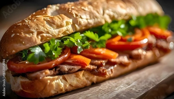 Fototapeta Authentic Vietnamese Banh Mi — Crackling Baguette Close-Up with Fresh Herbs and Pickled Vegetables