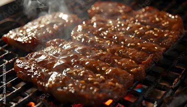 Fototapeta Ultra-Realistic Beef Bulgogi Macro — Sizzling Grill, Caramelized Texture, Smoke Trails, and Premium Korean BBQ Detail
