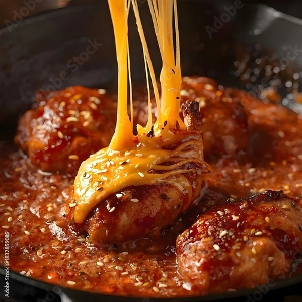 Fototapeta Spicy Korean Buldak Chicken with Melted Cheese — Glossy Red Sauce Sizzle Food Photography