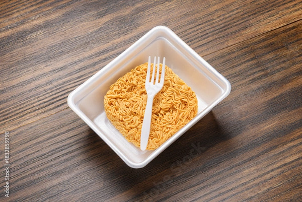 Fototapeta Dried instant noodles and white disposable fork in plastic plate