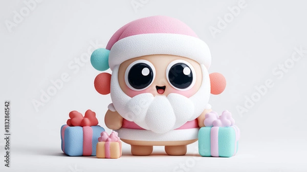Fototapeta Cute pastel Santa character with big eyes and gift boxes on white background