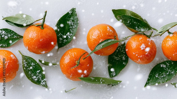 Fototapeta Fresh mandarins with green leaves and fir branches on snowy white Christmas background