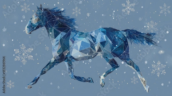 Fototapeta Blue geometric polygon horse in winter snow, low-poly icy Christmas illustration