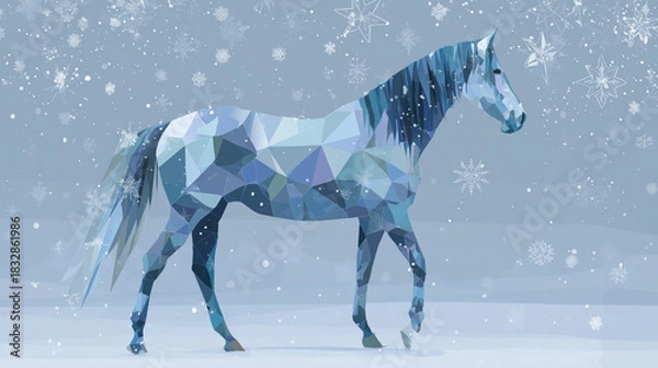 Fototapeta Blue geometric polygon horse in winter snow, low-poly icy Christmas illustration