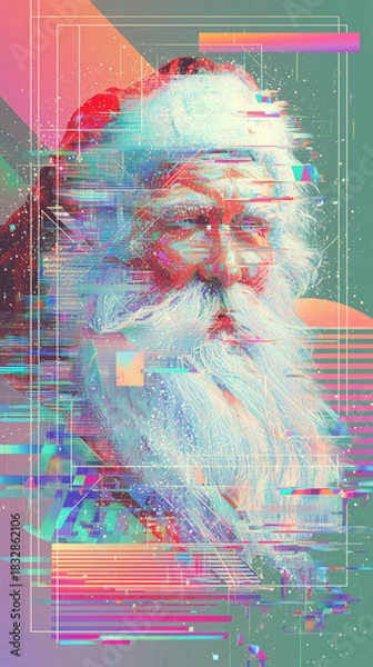 Fototapeta Glitch-style Santa Claus portrait with vibrant neon distortion