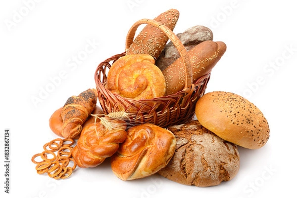 Obraz Assorted Fresh Bread and Pastries in a Rustic Basket on White Background