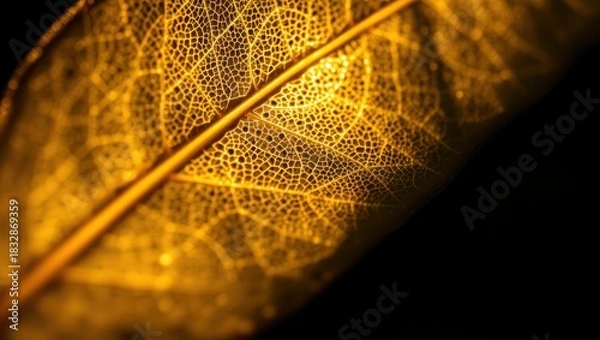 Obraz Golden Leaf with Intricate Veins Against Sunset Light