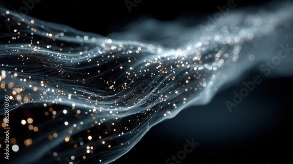 Obraz Visualization of data flow abstract interpretation with flowing lines representing information currents intertwining nodes signifying networked communication