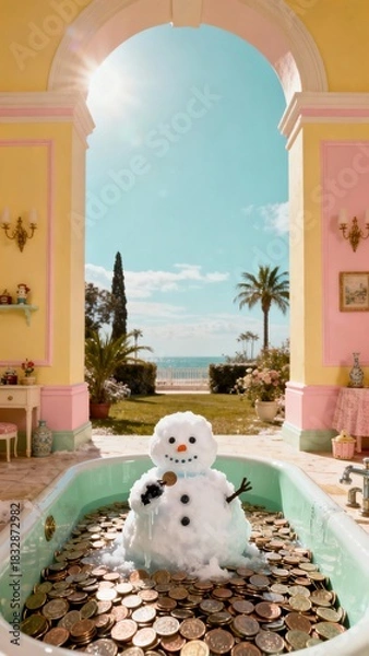 Fototapeta Snowman Relaxing in a Luxury Pool Filled with Coins