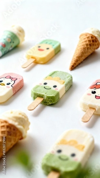 Fototapeta Cute Ice Cream and Popsicle Characters on White Background