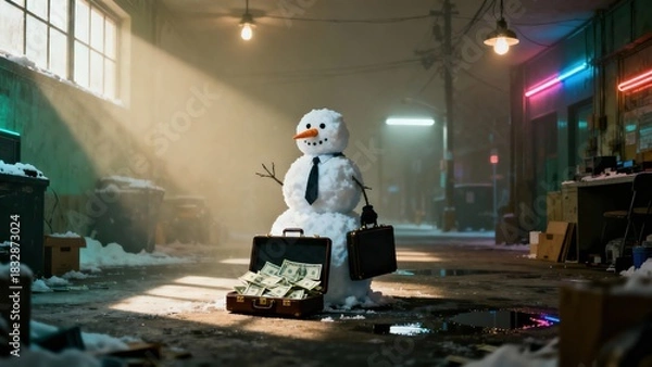 Fototapeta Snowman with Briefcase Full of Money in Dark Alley