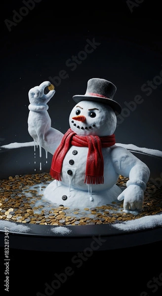 Fototapeta Snowman Sitting in a Pool of Coins Holding a Gold Coin