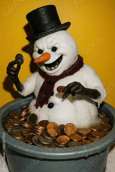 Fototapeta Evil Snowman Sitting in a Bucket of Coins