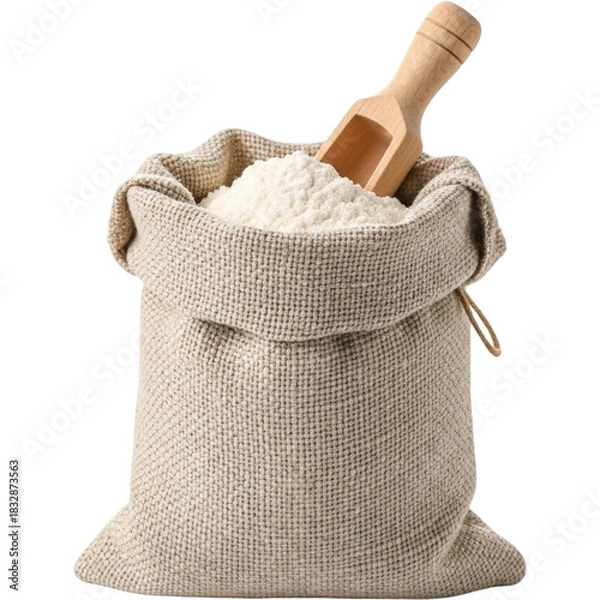 Fototapeta Sack of Flour with Wooden Scoop Kitchen Baking Ingredient Photography Isolated Image Food on transparent background