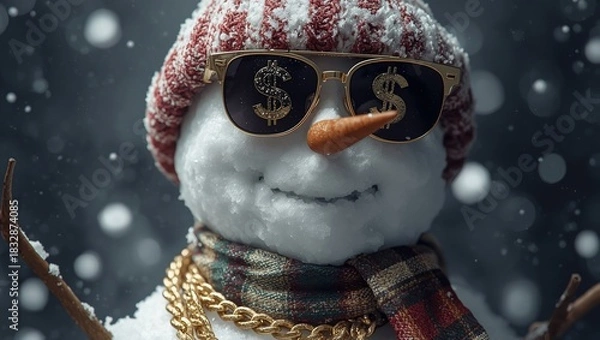 Fototapeta Cool Snowman with Dollar Sunglasses and Scarf in Snowfall