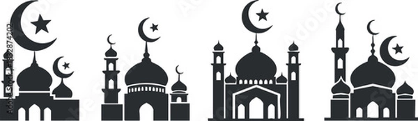 Obraz Silhouette vector icon set showing various mosque designs with crescent moon and star symbols for cultural and religious themes