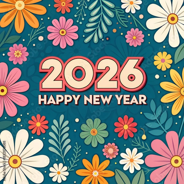 Fototapeta Seamless pattern with flowers on 2026 Happy new year background, Happy new year 2026 with colorful flower,  Abstract geometric design, Concept for holiday greeting card, poster, banner, flyer.

