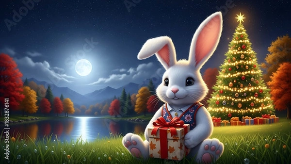 Obraz easter bunny in the grass, Cute rabbit holds gift box, full moon shines over lake. Autumn landscape, night sky full of stars. Peaceful nature scene with warm