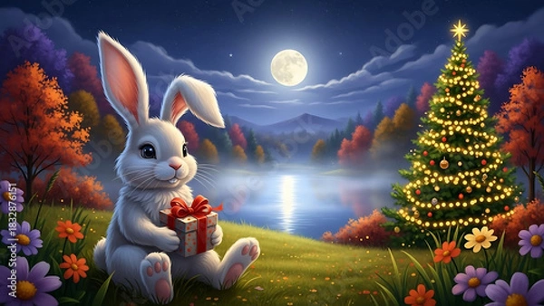 Obraz easter bunny in the grass, Cute rabbit holds gift box, full moon shines over lake. Autumn landscape, night sky full of stars. Peaceful nature scene with warm