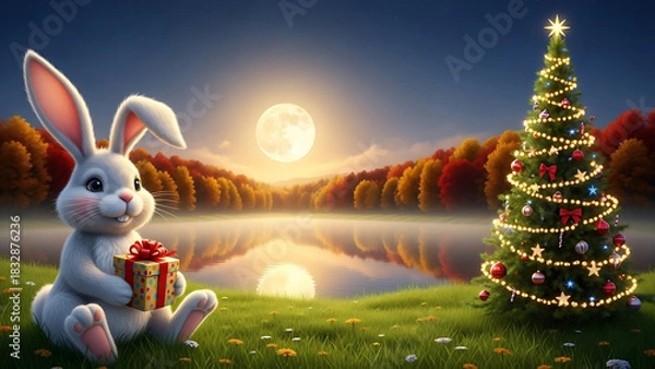 Obraz easter bunny in the grass, Cute rabbit holds gift box, full moon shines over lake. Autumn landscape, night sky full of stars. Peaceful nature scene with warm
