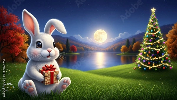 Obraz easter bunny in the grass, Cute rabbit holds gift box, full moon shines over lake. Autumn landscape, night sky full of stars. Peaceful nature scene with warm