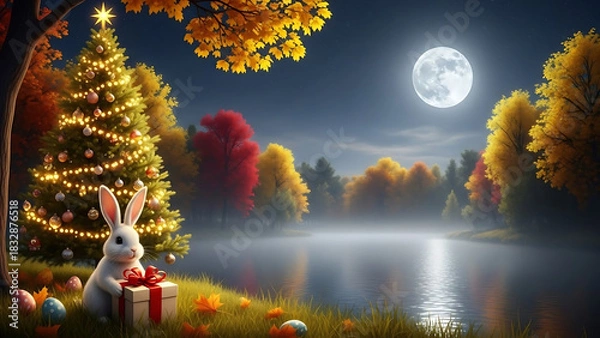 Obraz easter bunny in the grass, Cute rabbit holds gift box, full moon shines over lake. Autumn landscape, night sky full of stars. Peaceful nature scene with warm
