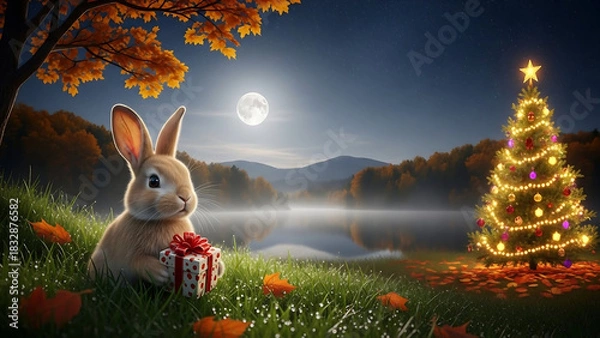 Obraz easter bunny in the grass, Cute rabbit holds gift box, full moon shines over lake. Autumn landscape, night sky full of stars. Peaceful nature scene with warm