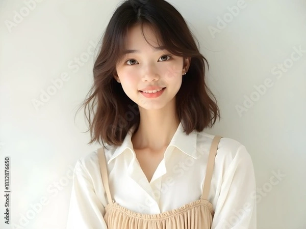 Obraz Joyful Young Asian Woman with Natural Makeup Smiling at Camera in Minimalist Setting