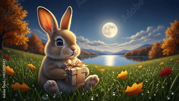 Obraz easter bunny in the grass, Cute rabbit holds gift box, full moon shines over lake. Autumn landscape, night sky full of stars. Peaceful nature scene with warm