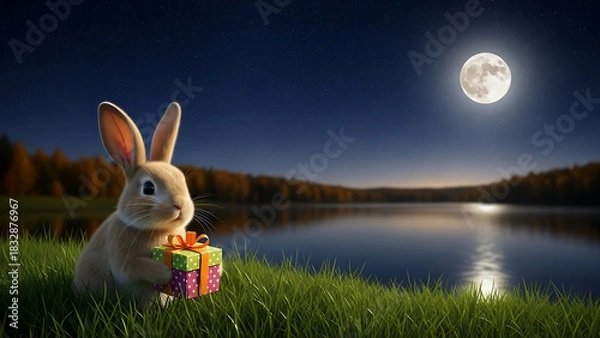 Obraz easter bunny in the grass, Cute rabbit holds gift box, full moon shines over lake. Autumn landscape, night sky full of stars. Peaceful nature scene with warm