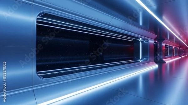 Obraz Inside a glossy metallic starship. A seamless, transparent window is cut from the wall, framing the void of space, while a corridor glows with vibrant blue and pink ambient light. 3D render.