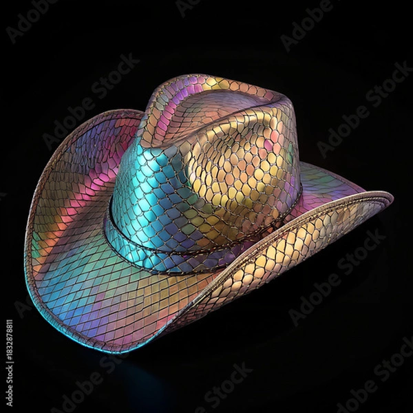 Fototapeta Cowboy hat with led lights on a black background, Iridescent cowboy hat with snake skin texture, Fashionable hat, A shiny hat with a light shining, Close-up of a cowboy hat.