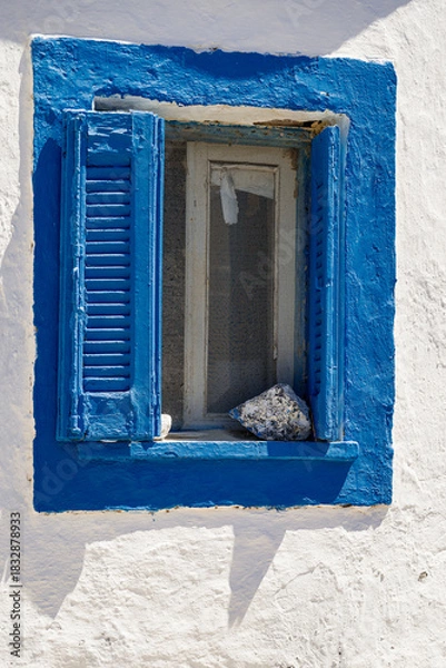 Obraz Blue window on white old wall