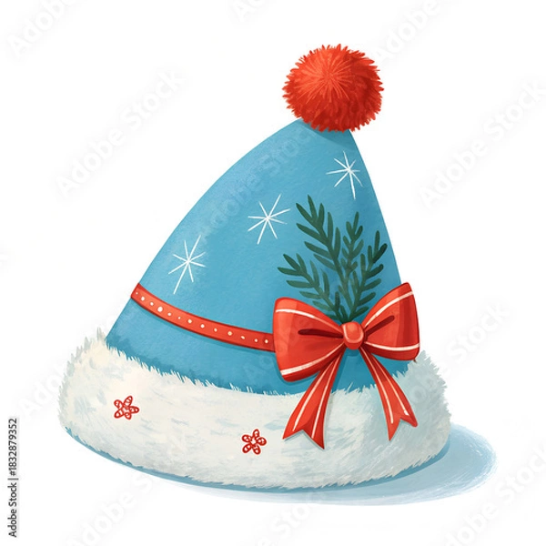 Fototapeta Santa Claus blue hat isolated on white background, Santa Claus blue hat with fir tree branches, Santa Claus blue hat with mistletoe, with red elegant ribbon.