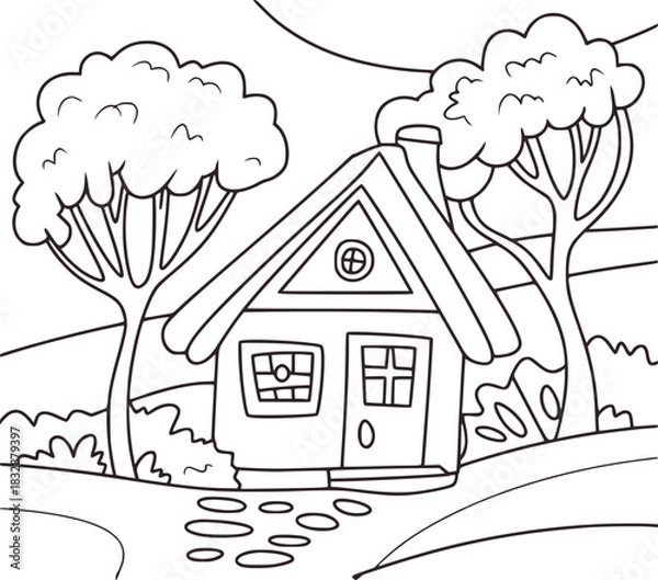 Fototapeta Black and white line art illustration of a house with trees