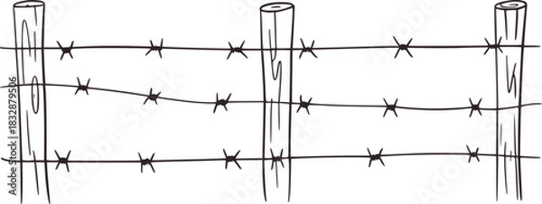 Fototapeta Black and white simple drawing of barbed wire fence