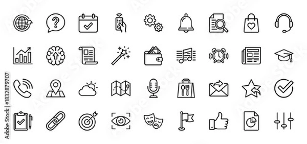 Fototapeta Business and commerce line icon set. Vector pictograms of calendar, wallet, chart, map, and settings, thin linear illustration.