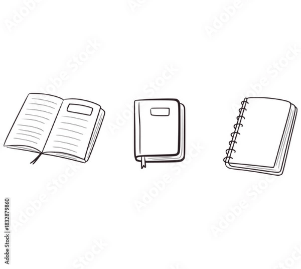 Fototapeta Three hand drawn books open closed spiral bound vector