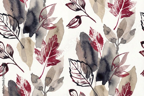 Fototapeta Elegant pattern with watercolor leaves. Abstract botanical art in red, beige, and gray tones. Perfect for textile, wallpaper, and background.