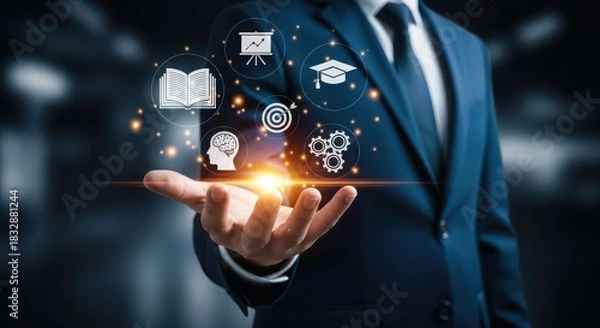 Obraz Digital Education, E-learning, and Online Knowledge Concept with Businessman Holding Virtual Learning Icons