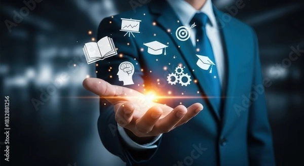 Obraz Digital Education, E-learning, and Online Knowledge Concept with Businessman Holding Virtual Learning Icons