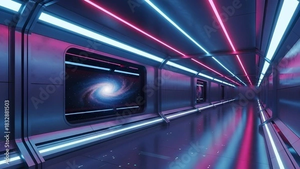 Obraz A 3D rendering of a futuristic corridor. The walls are polished metal, seamlessly integrated with a large, isolated transparent window. The space is bathed in the cool and warm glow of strategic blue 