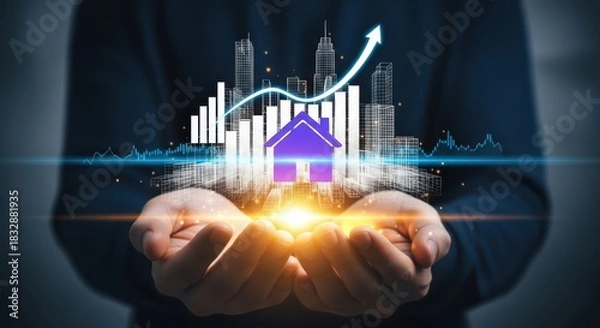 Obraz Real Estate Growth and Property Investment Concept with Cityscape, House Icon, and Financial Growth Chart