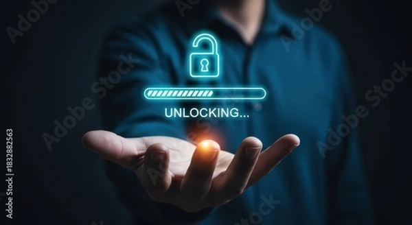 Obraz Data Unlocking and Authorization Concept with Progress Bar and Open Padlock Icon